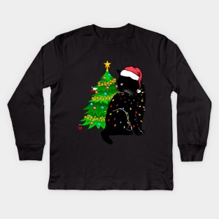 Black Cat christmas light tshirt funny cat lover christmas Kids Long Sleeve T-Shirt